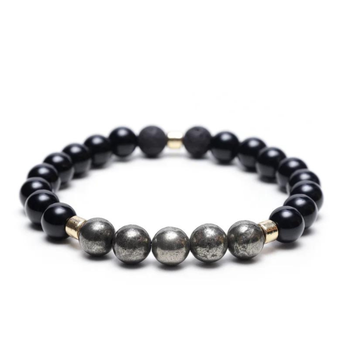 ONYX, PYRITE AND LAVA STONE ENERGY GEMSTONE BRACELET